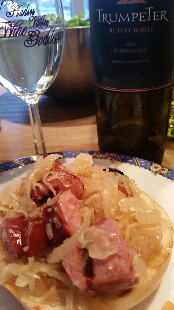 Kielbasa with caramelized onions, sauerkraut paired with 2015 Rutini Trumpeter Torrontes